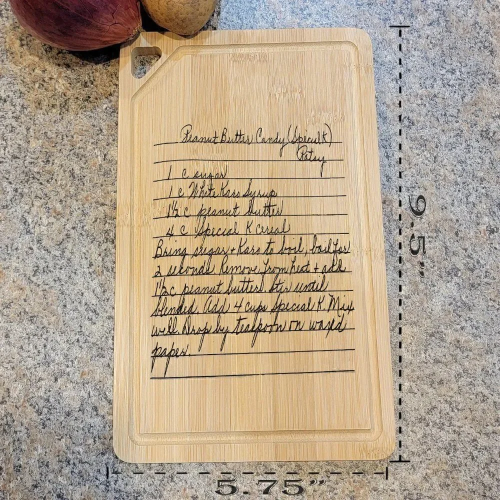 Engraved Handwriting Recipe Cutting Board with Wall Hanging Notch